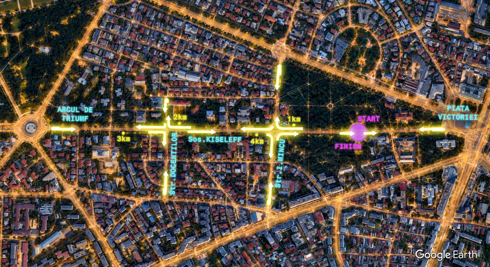Friday Night Lights Bucharest 5K route on Kiseleff Boulevard